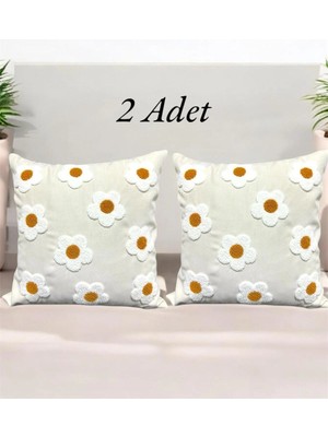 Hd Home Collection (2 Adet) Papatya Desen Keten Kumaş Punch Kırlent Kılıf (Panç) 43*43 cm