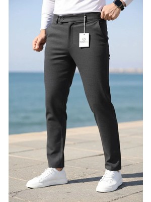 Ser Joven Erkek Antrasit Slim Fit Likralı Yan Cep Bilek Boy Düz Kumaş Pantolon