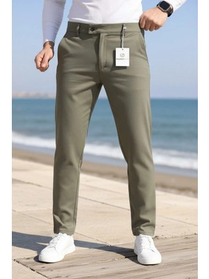 Ser Joven Erkek Haki Slim Fit Likralı Yan Cep Bilek Boy Düz Kumaş Pantolon