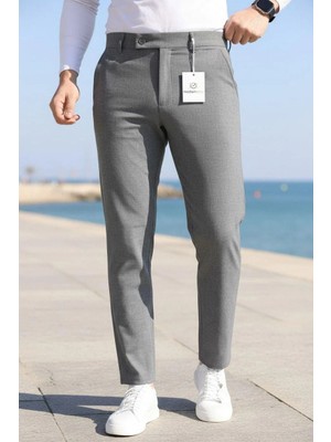 Ser Joven Erkek Füme Slim Fit Likralı Yan Cep Bilek Boy Düz Kumaş Pantolon
