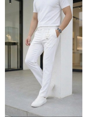 Ser Joven Erkek Beyaz Slim Fit Likralı Yan Cep Bilek Boy Düz Kumaş Pantolon