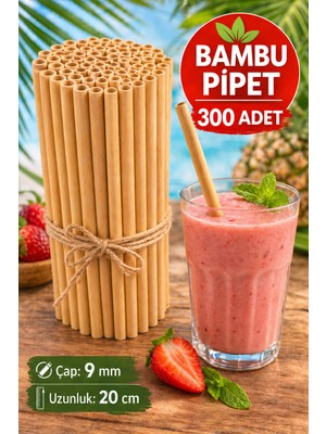 300 Adet Bambu Pipet 9mm x 20CM Kalın Smoothie Pipeti Doğal Çevre Dostu