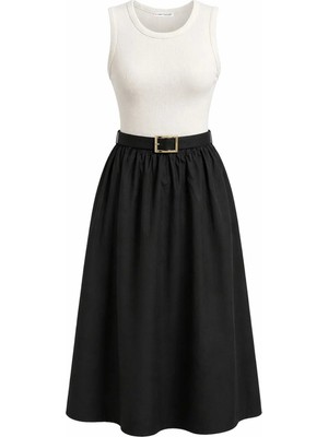 Mixray 2096 Kadın Üstü Esnek Body Altı Geniş Dokuma Kolsuz Elbise Siyah