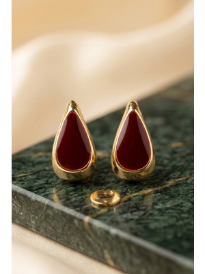 Aurrari Gold Bordo Mineli Damla Küpe