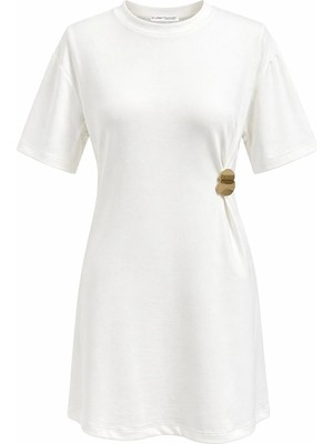 Mixray 2092 Kadın Yandan Büzgü Metal Aksesuarlı Mini Elbise Beyaz