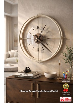 Wallover Design Xl Boy Jumbo Modern Sessiz Duvar Saati - Bej / Ceviz Detaylı, Metal Paslanmaz Duvar Saati 65X65