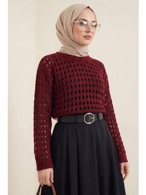 Moda Morfo Kayık Yaka Ajurlu Triko Kazak -Bordo
