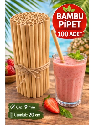 100 Adet Bambu Pipet 9mm x 20CM Kalın Smoothie Pipeti Doğal Çevre Dostu