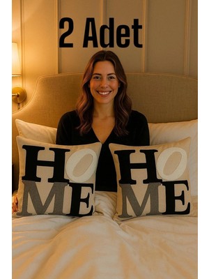 Hd Home Collection (2 Adet) Keten Kumaş Home Desen Işlemeli Punch (Panç) Kırlent Kılıfı