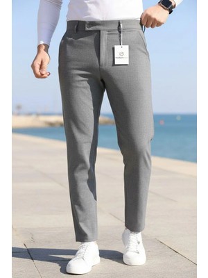 Modamesto Erkek Füme Slim Fit Likralı Yan Cep Bilek Boy Düz Kumaş Pantolon