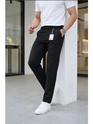 Modamesto Erkek Siyah Slim Fit Likralı Yan Cep Bilek Boy Düz Kumaş Pantolon