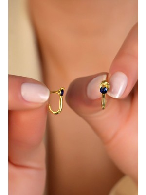 Sunshine 925 Ayar Gümüş ,gold Kaplamalı Lacivert Taşlı J Minimal Tasarım Küpe