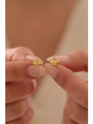 Sunshine 925 Ayar Gümüş ,gold Kaplamalı Taç Taşlı Minimal Tasarım Küpe