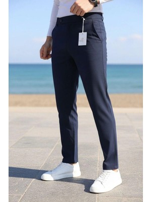 Modamesto Erkek Lacivert Slim Fit Likralı Yan Cep Bilek Boy Düz Kumaş Pantolon