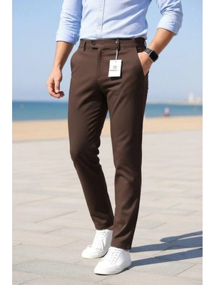 Modamesto Erkek Kahverengi Slim Fit Likralı Yan Cep Bilek Boy Düz Kumaş Pantolon
