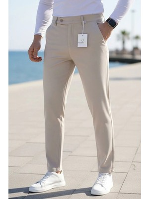 Ser Joven Erkek Bej Slim Fit Likralı Yan Cep Bilek Boy Düz Kumaş Pantolon
