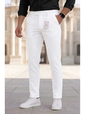 Modamesto Erkek Beyaz Slim Fit Likralı Yan Cep Bilek Boy Düz Kumaş Pantolon