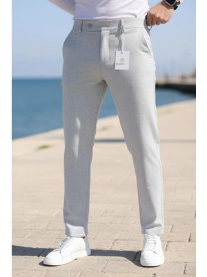 Modamesto Erkek Açık Gri Slim Fit Likralı Yan Cep Bilek Boy Düz Kumaş Pantolon