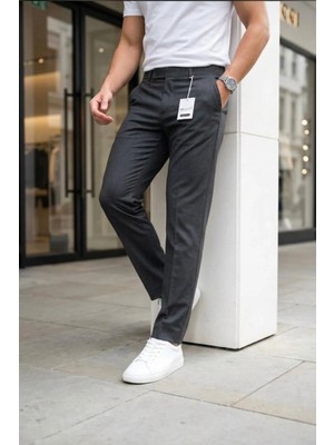Ser Joven Erkek Antrasit Slim Fit Likralı Yan Cep Bilek Boy Düz Kumaş Pantolon