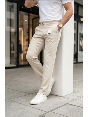 Ser Joven Erkek Bej Slim Fit Likralı Yan Cep Bilek Boy Düz Kumaş Pantolon