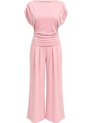 Mixray 2093 Kadın Dökümlü Bluz Geniş Paça Pantolon Ikili Takım Pembe