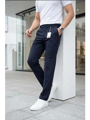 Ser Joven Erkek Lacivert Slim Fit Likralı Yan Cep Bilek Boy Düz Kumaş Pantolon