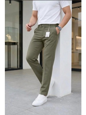 Ser Joven Erkek Haki Slim Fit Likralı Yan Cep Bilek Boy Düz Kumaş Pantolon