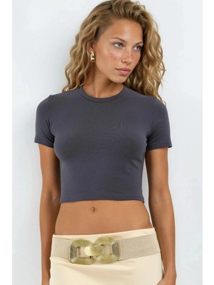 Hiccup Kadınlar Busem Bisiklet Yaka Crop Tişört Koyu Gri