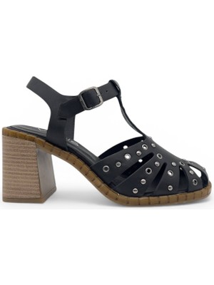 Vieris Alvenza Siyah Hakiki Deri Trok Detaylı Casual Kadın Sandalet