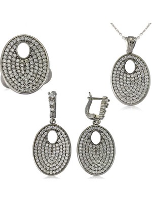 DMR Elegance Gümüş Beyaz Taşlı Oval Bayan Set