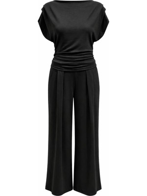 Mixray 2093 Kadın Dökümlü Bluz Geniş Paça Pantolon Ikili Takım Siyah