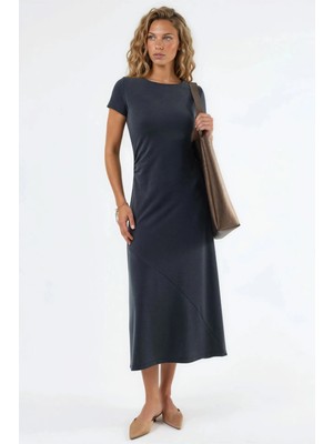 Hiccup Kadınlar Busem Bisiklet Yaka Drapeli A Kesim Midi Elbise Koyu Gri