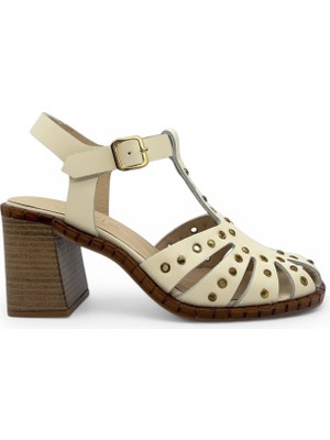 Vieris Alvenza Bej Hakiki Deri Trok Detaylı Casual Kadın Sandalet