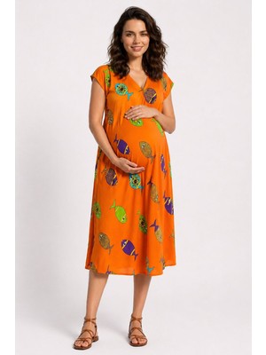 Park Moda Kadın Viskon Hamile Elbisesi Turuncu Balık Desenli Yazlık Günlük Elbise