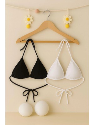 Kadın Siyah ve Beyaz Minimal Kesim Üçgen Bikini Üstü