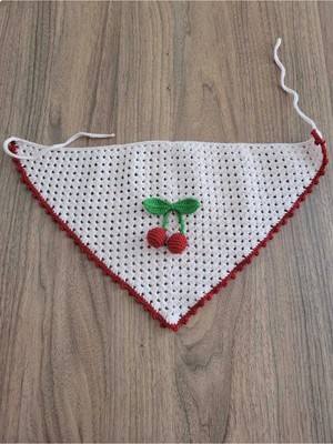 Örgü Bandana, Kirazlı El Örgüsü Desenli Üçgen Bandana, Yazlık Bandana