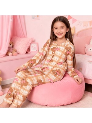 NiCe İç Giyim Kahve Pembe Renk Ekose Ayıcık Desen Gömlek Yaka Düğmeli Milan Kumaş Baharlık Kız Çocuk Pijama Takım