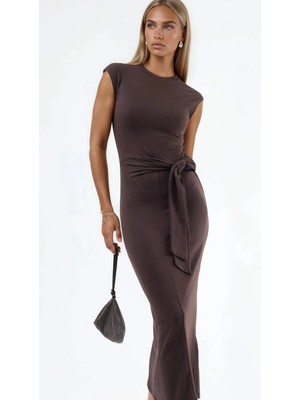 Hiccup Kadınlar Busem Bağlama Detaylı Midi Bisiklet Yaka Elbise Kahve Kahvesi