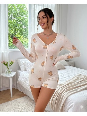 Trend Dokunuş Kadın Ayıcıklı Kalp Desenli Pamuklu Şortlu Gecelik Uzun Kollu Pijama Tulum