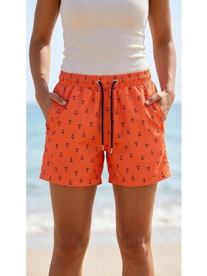 Beta Moda Hub Kadın Deniz Şortu Fermuarlı Cepli File Astarlı Hızlı Kuruyan Premium - Turuncu