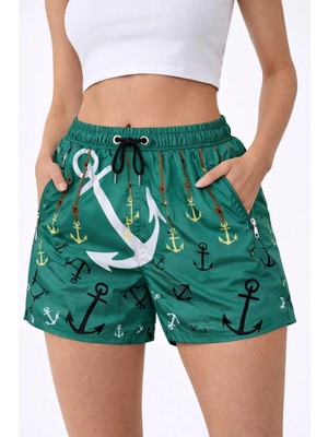 Beta Moda Hub Kadın Deniz Şortu Fermuarlı Cepli File Astarlı Hızlı Kuruyan Premium - Su Yeşili