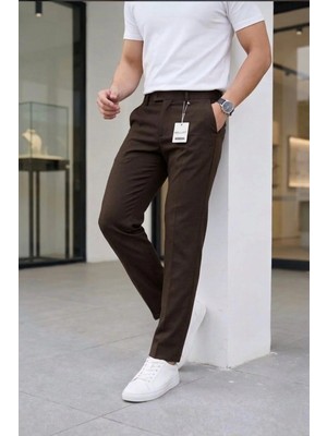 Modamesto Erkek Kahverengi Slim Fit Likralı Yan Cep Bilek Boy Düz Kumaş Pantolon