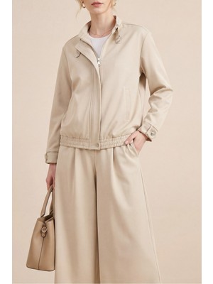 Moda Morfo Yakası ve Kol Manşeti Kemerli Ceketli Pileli Bol Paça Pantolonlu Okyanus Takım -Bej