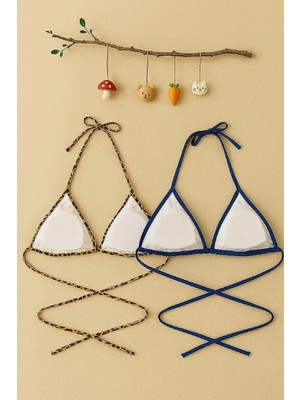 Kadın Leopar Desenli ve Mavi Minimal Kesim Üçgen Bikini Üstü