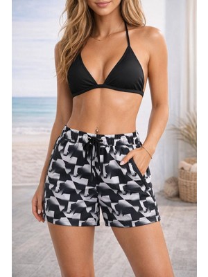 Beta Moda Hub Kadın Deniz Şortu Fermuarlı Cepli File Astarlı Hızlı Kuruyan Premium - Siyah