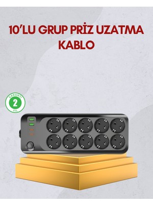 Renklime 10 Prizli Uzatma Kablosu Termal Koruma USB Type-C Hızlı Şarj 2500W