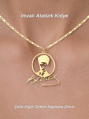 Tuan Collection Atatürk Portreli Atatürk Imzalı Çelik Sembol Zirkon Kaplama Lazer Kesim Kolye Gold