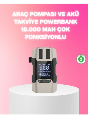 Renklime Araç Hava Pompası ve Akü Takviye Powerbank 12.000 Mah Çok Fonksiyonlu