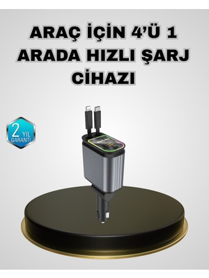 Renklime Araç Şarj Adaptörü 66W Pd Qc Hızlı Şarjlı ve Çekilebilir Kablolu