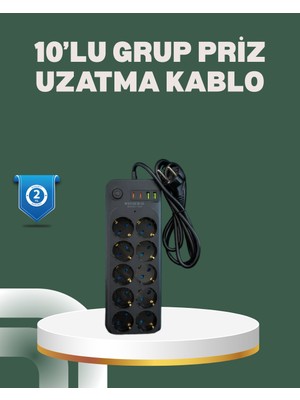Renklime Termal Koruma Sistemli USB Type-C 10’lu Grup Priz 2m 2500W Güç Kapasiteli
